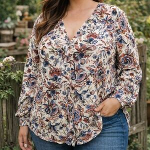 Addition Elle Plus Size Floral Button-Down V-Neck Blouse Boho Cottagecore